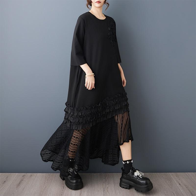 Plus size black cotton vintage floral new in dresses for women casual loose long summer dress
