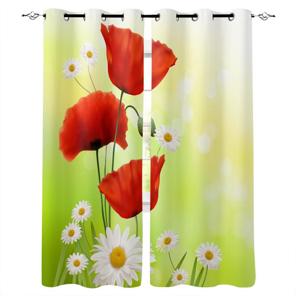 Red Flower Ink Painting Curtains 2 Panels With Valance Hook Floral Living Room Kids Kitchen Indoor Decor