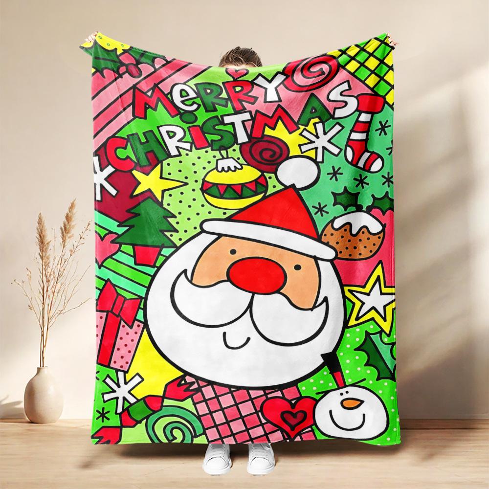 Christmas Flannel Blanket Santa Claus Puppy Soft Milu Deer, Warm Throw Blanket Winter New Year Gift For Kids, Couch Sofa Decor