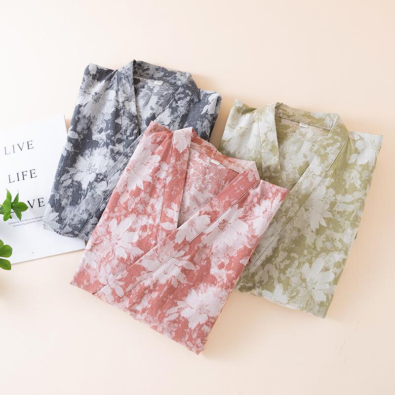 Damen Baumwoll Sommer Kimono-Stil Gaze Bademantel Pyjama, Große Größen, Mittellang Jacquard Nachtwäsche