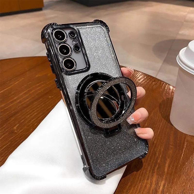 Glitter Shockproof Silicone Case For Samsung S25 S24 FE S23 A06 A16 A55 A56 Mirror Holder Stand Soft Case For Galaxy A36 Cover