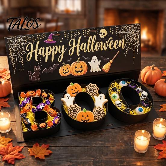 Candy Exchange Boxes Happy Halloween Gift Box, BOO Letter Shaped Treat Container with for Ribbon, Reusable Paper Sweet Holder, Party Table Decor,