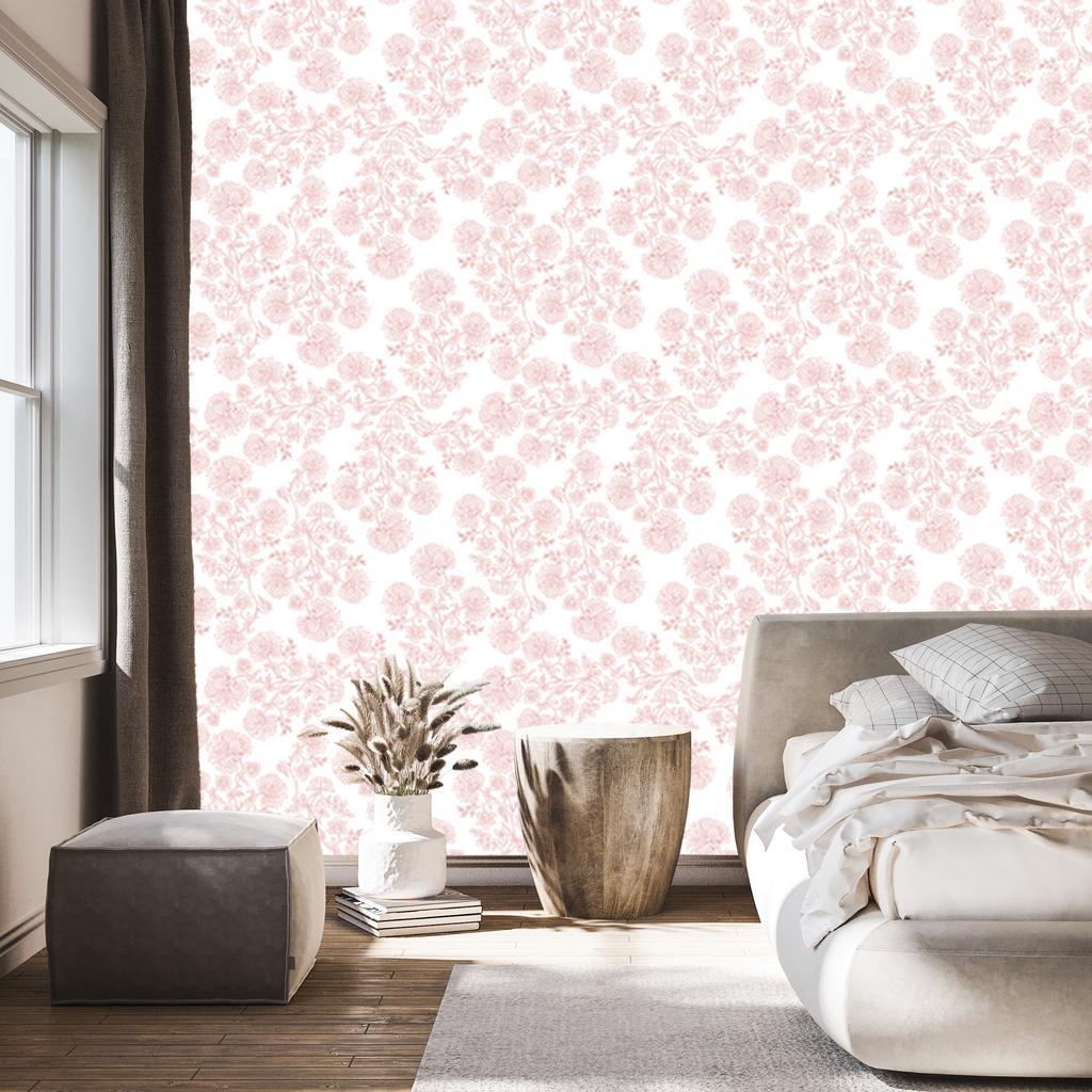 Wallpaper Flowers White and Coral, Subtle Detail for Living Room and Bedroom 50x1000