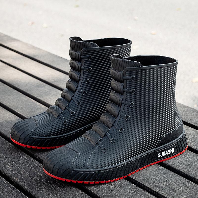 Modische Herren-Regenstiefel, Gummi-Gummistiefel, zum Reinschlüpfen bis zur Mitte der Wade, wasserdichte Arbeitsstiefel, Komfort, rote, rutschfeste Angelschuhe für Herren