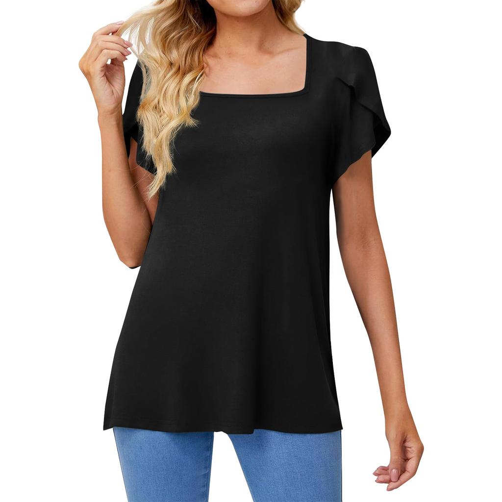 Damen Mode Freizeit Hemd Einfarbig Quadratkragen Pullover Lockeres T-Shirt