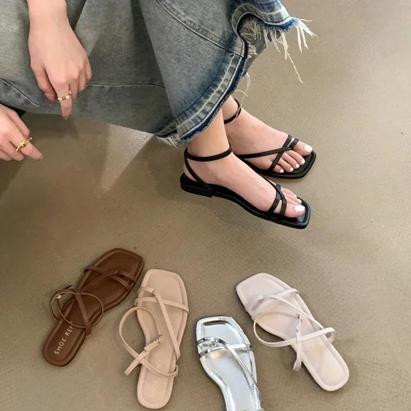 Fashion 2025 Summer Gladiator Women Sandals Fashion Elegant Narrow Band Clip Toe Shoes Ladies Comfort Flats Beach Sandalias