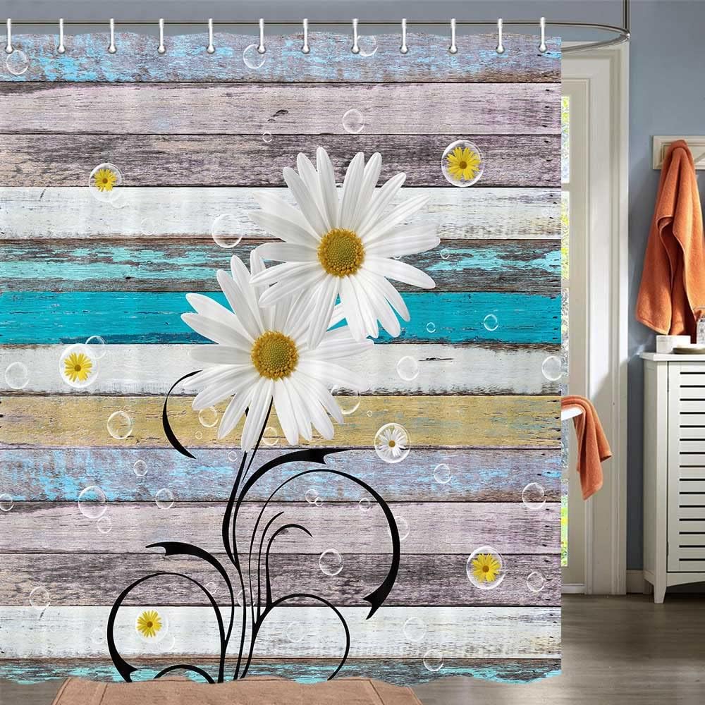 Daisy Shower Curtain Set - Rustic Farmhouse Floral With White/Yellow Blooms, Spring Botanical Bath Decor, Multi-Size Options