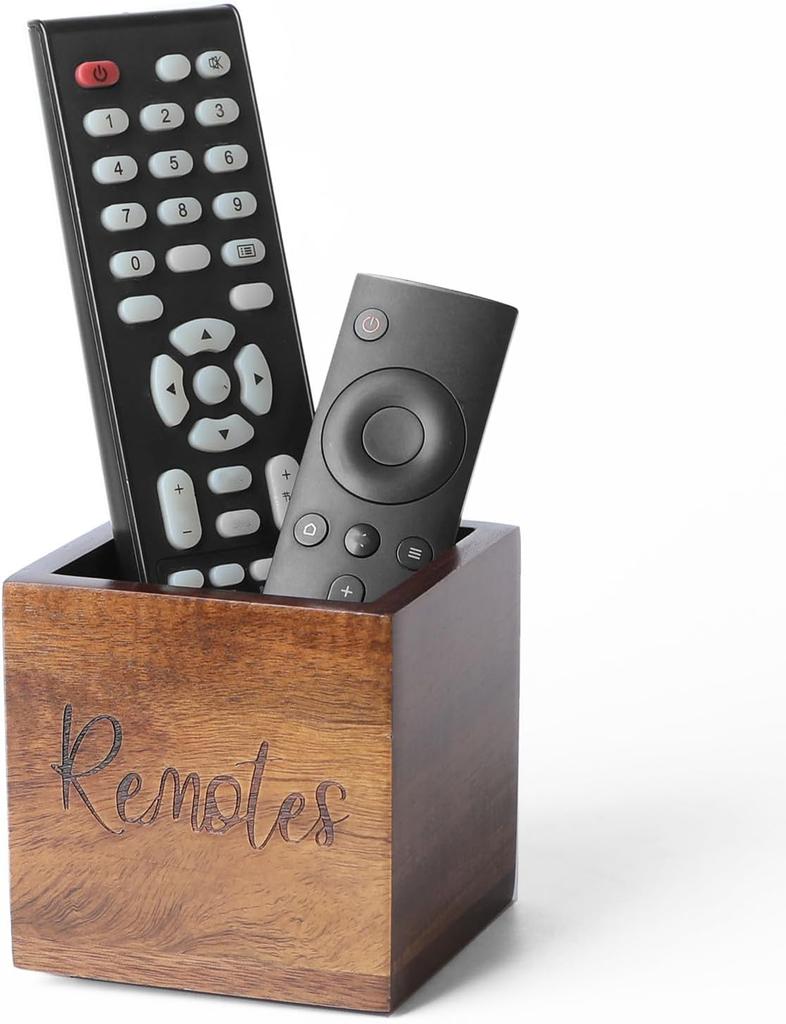 Acacia Wood TV Remote Holder, Caddy and Organizer for Table, Vintage Farmhouse Desk Caddy (Brown for 2 or 3 Remote Controls)