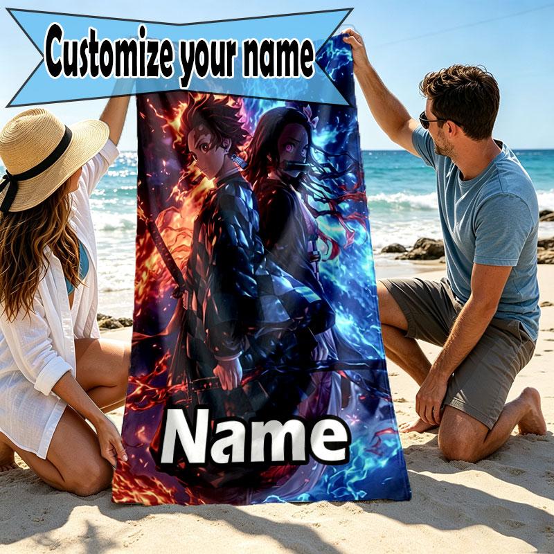 Serviette de plage personnalisée avec nom et motif Demon Slayer, pour Voyage Camping Fête à la plage Décoration de maison, Cadeau d'anniversaire pour la Famille & les Amis