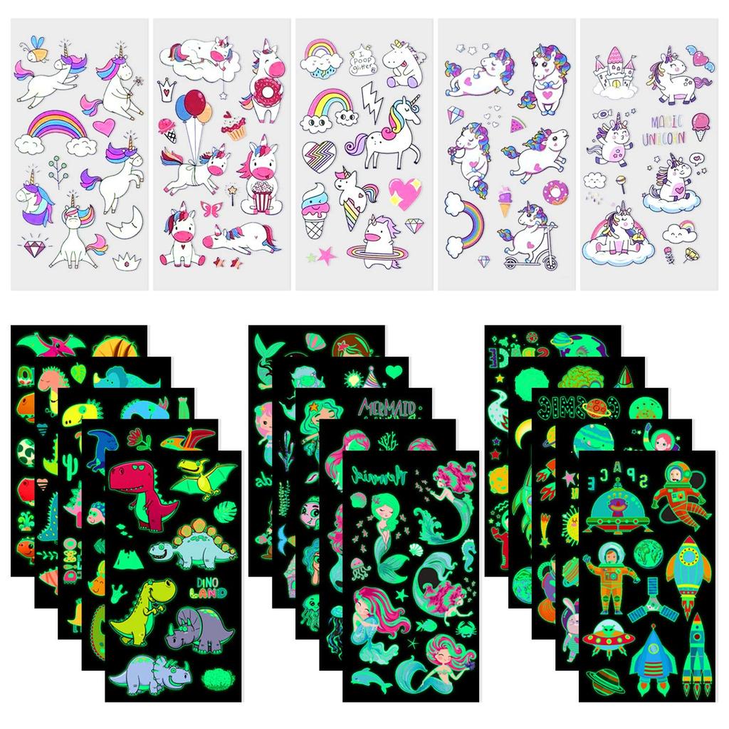 Optifit® 20 Sheets Waterproof Cartoon Fake Tattoo Sticker Glow in The Dark Unicorn Mermaid Outspace Dinosaur Tattoo, Boys Girls Party Supplies Gift