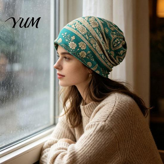 Trendy Fashion Gift for Her Women's Geometry Print Slouchy Hat, Casual Soft Stretch Skull Shopping Dating Headpiece Cap, Warm Cancer Chemo Headwear,