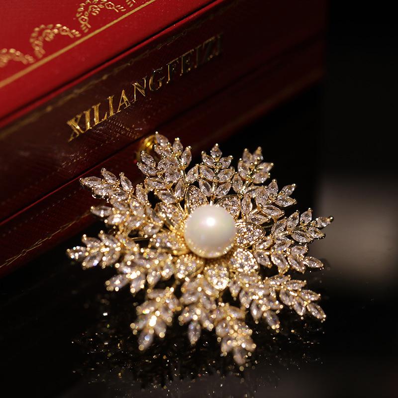 Copper Inlaid Zirconia Snowflake Brooch - Elegant Women s Accessory