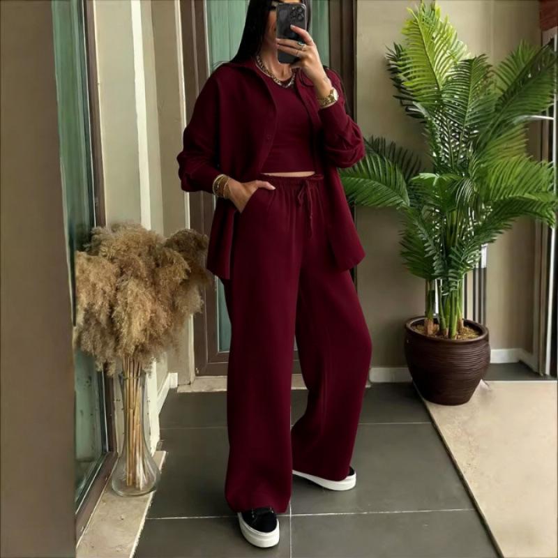 

Spring Fashion Women s Plus Size Two-Piece: Linen-Style Shirt & High-Waisted Loose Pants 3XL вино красного
