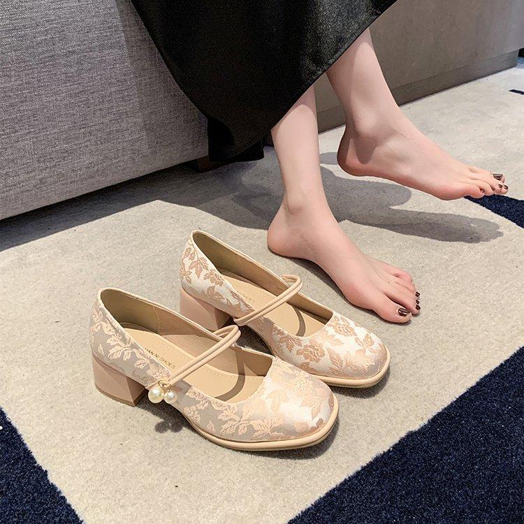 Dadong Mary Jane Shoes Women's Shoes 2025 Spring New Elegant Thick High Heel One-word Button Square Head New Chinese Single Shoes Women