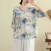 Cotton and Linen New Chinese Style Women's Summer Thin Loose V-neck Five-quarter Sleeve Printed Short-sleeved T-shirt