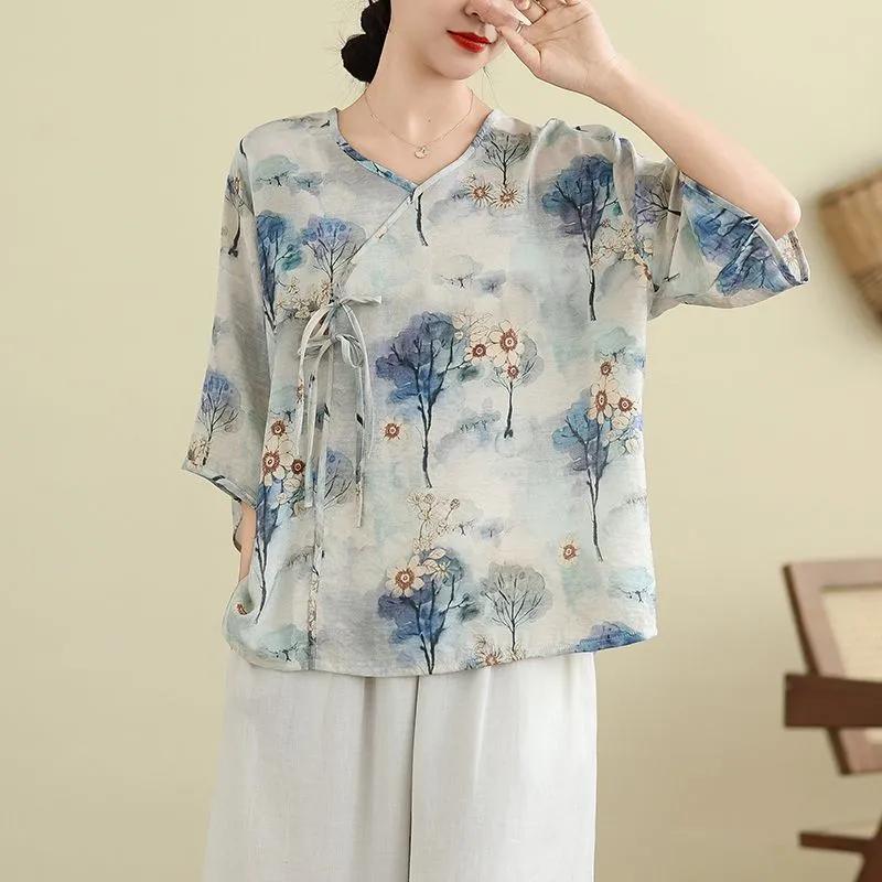 

Cotton and Linen New Chinese Style Women s Summer Thin Loose V-neck Five-quarter Sleeve Printed Short-sleeved T-shirt L синій