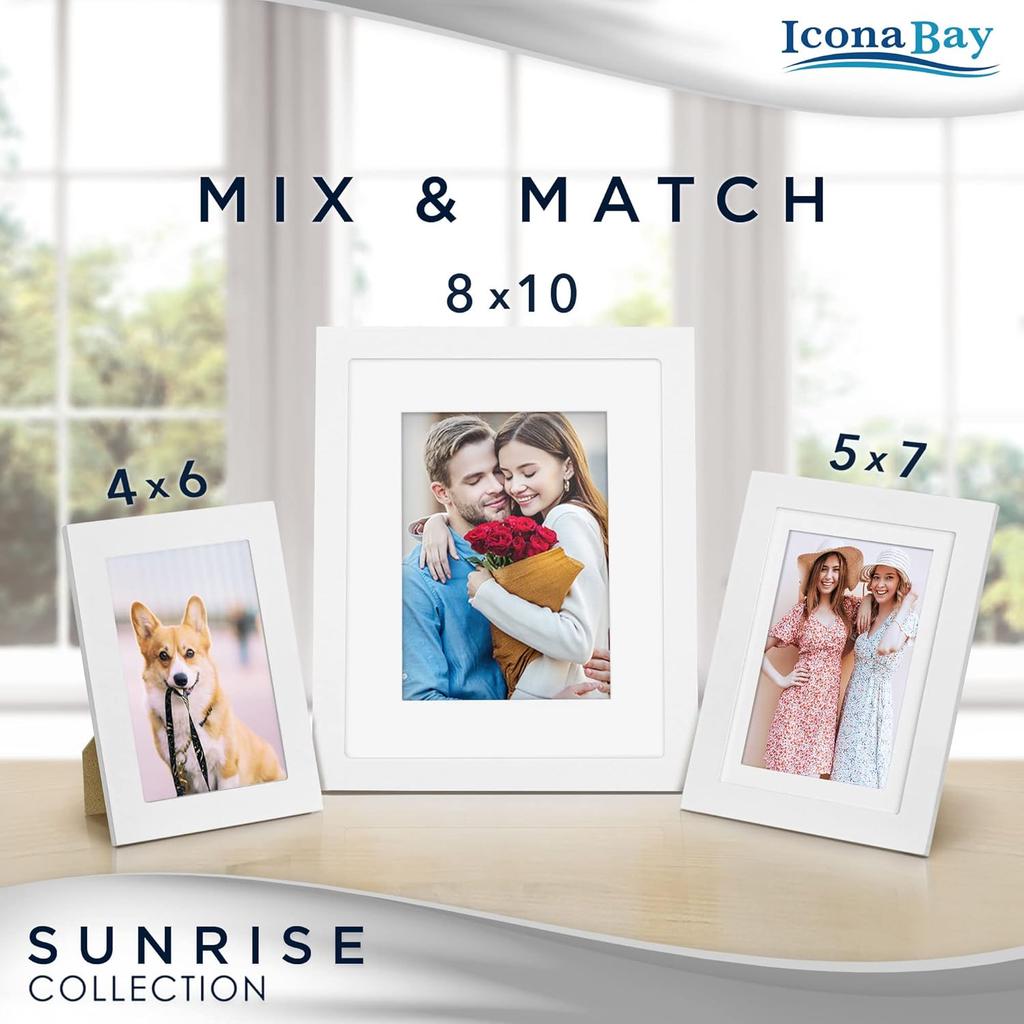 Icona Bay - 8x10 Mat to 5x7 White Picture Frame - Painted Solid One-Piece Wood Composite, Modern Farmhouse - Sunrise Collection