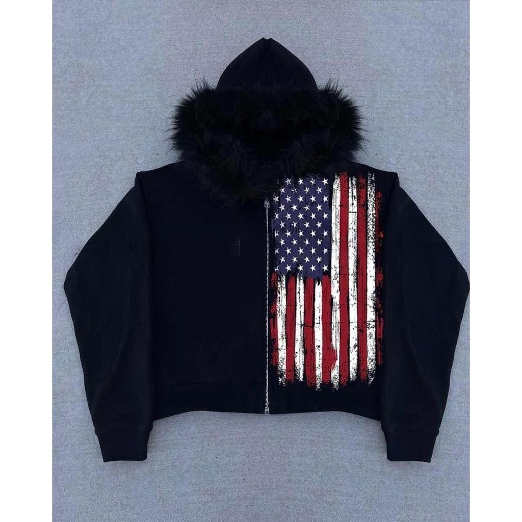 STREETRICH Fur Collar Cardigan Zipper Hooded Jacket Autumn and Winter Punk Hip-hop Rock Dark Style Rock Fashion All-match Y2K Retro Jacket