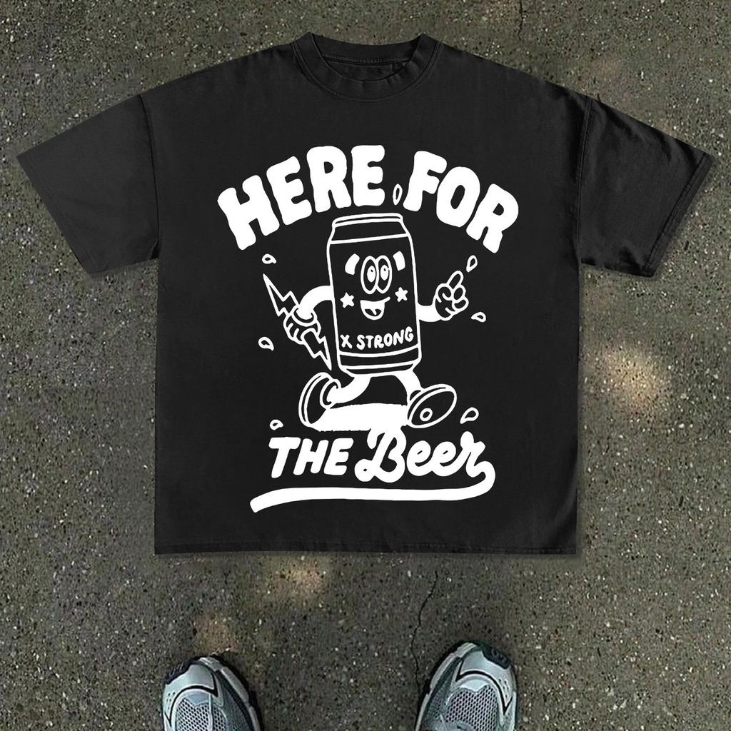 2026 Sommer Unisex Retro Hier Für Das Bier Aufdruck T-Shirt Baumwolle Lässig Stilvoll Streetwear Übergroß Geeignet Für Jeden Anlass