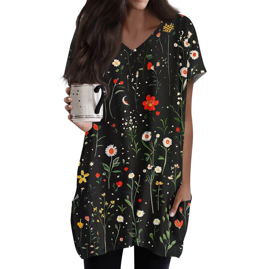 Damen Modisches Und Lässiges V-Ausschnitt Blumenmuster Mittellanges Taschen Kurzarm Oberteil