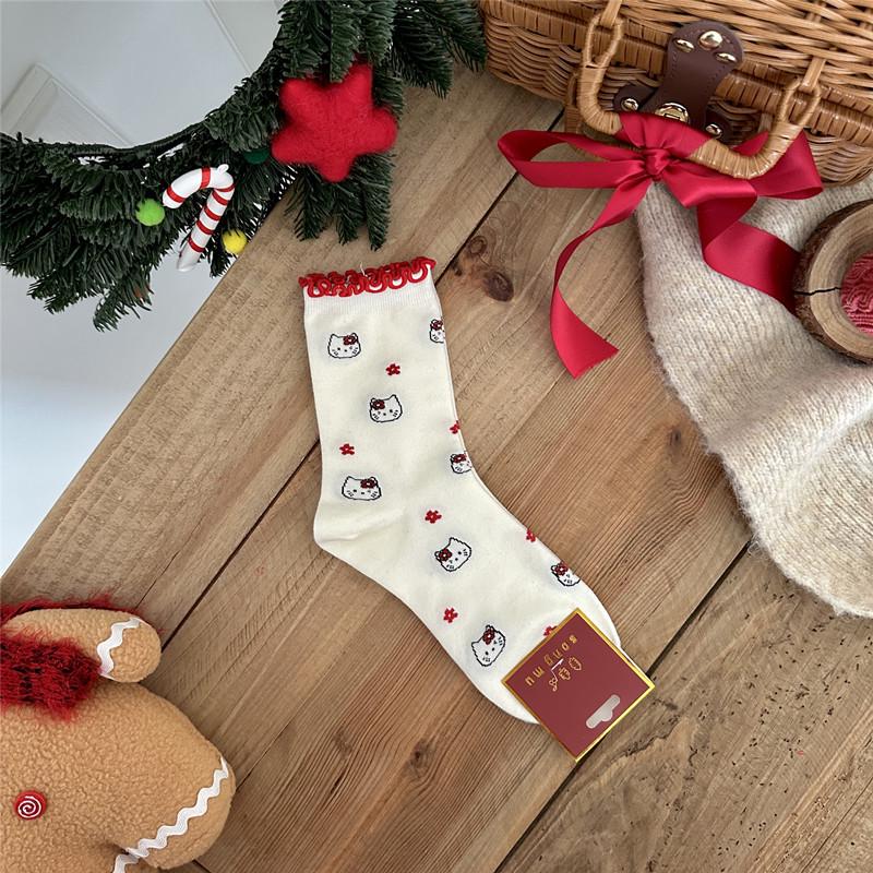 2025 Year of the Snake Red Cat Bow Women's Christmas Socks - Pure Cotton, Kitty Design for Autumn and Winter