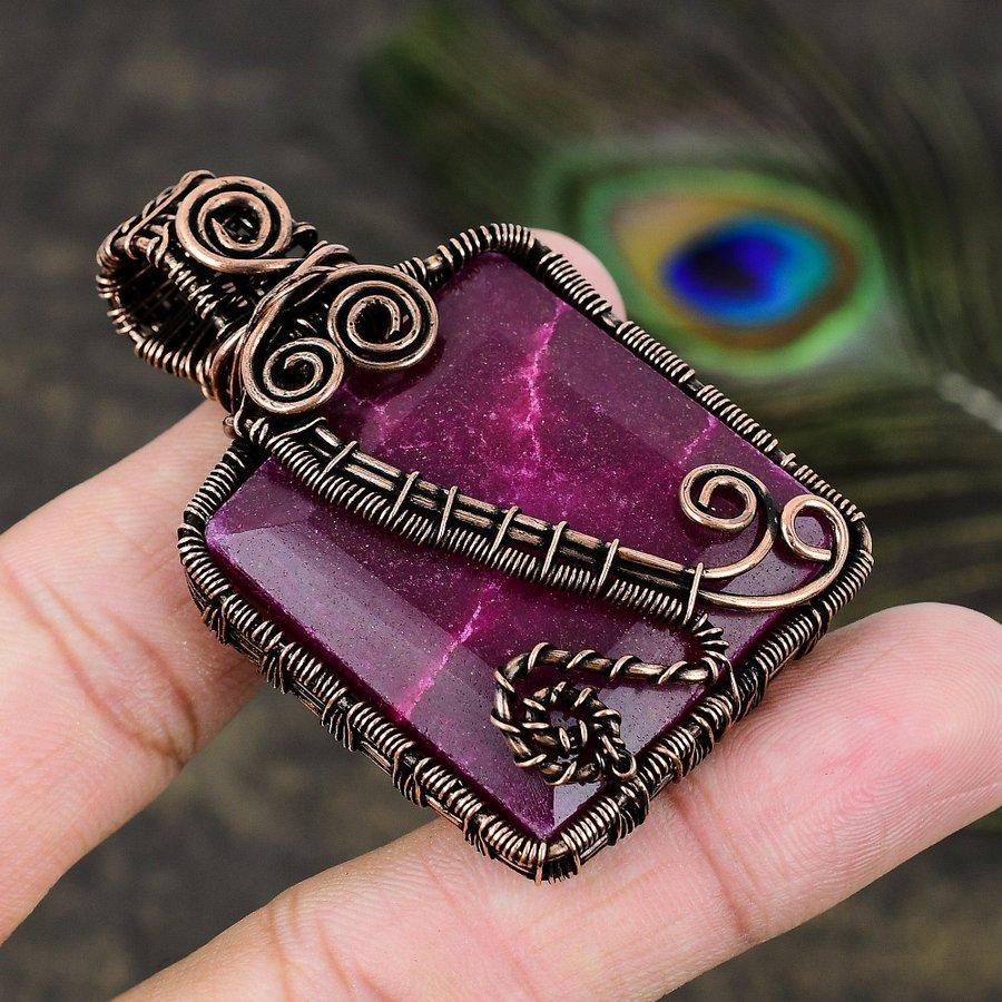 Rubin(Simuliert) Edelstein Kupferdraht Wickel Schmuck Anhänger 2.36 s1L02