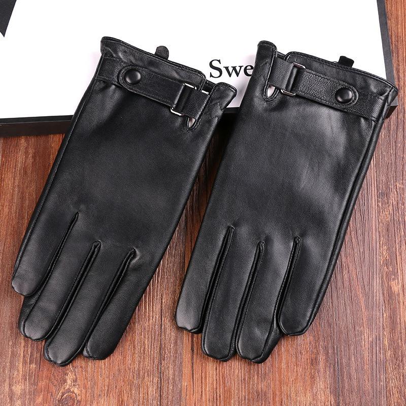 Autumn and Winter Sheepskin Thermal Gloves Simple Men's Velvet Thickened Cold Driving Outdoor Riding Touch Screen Leather Gloves