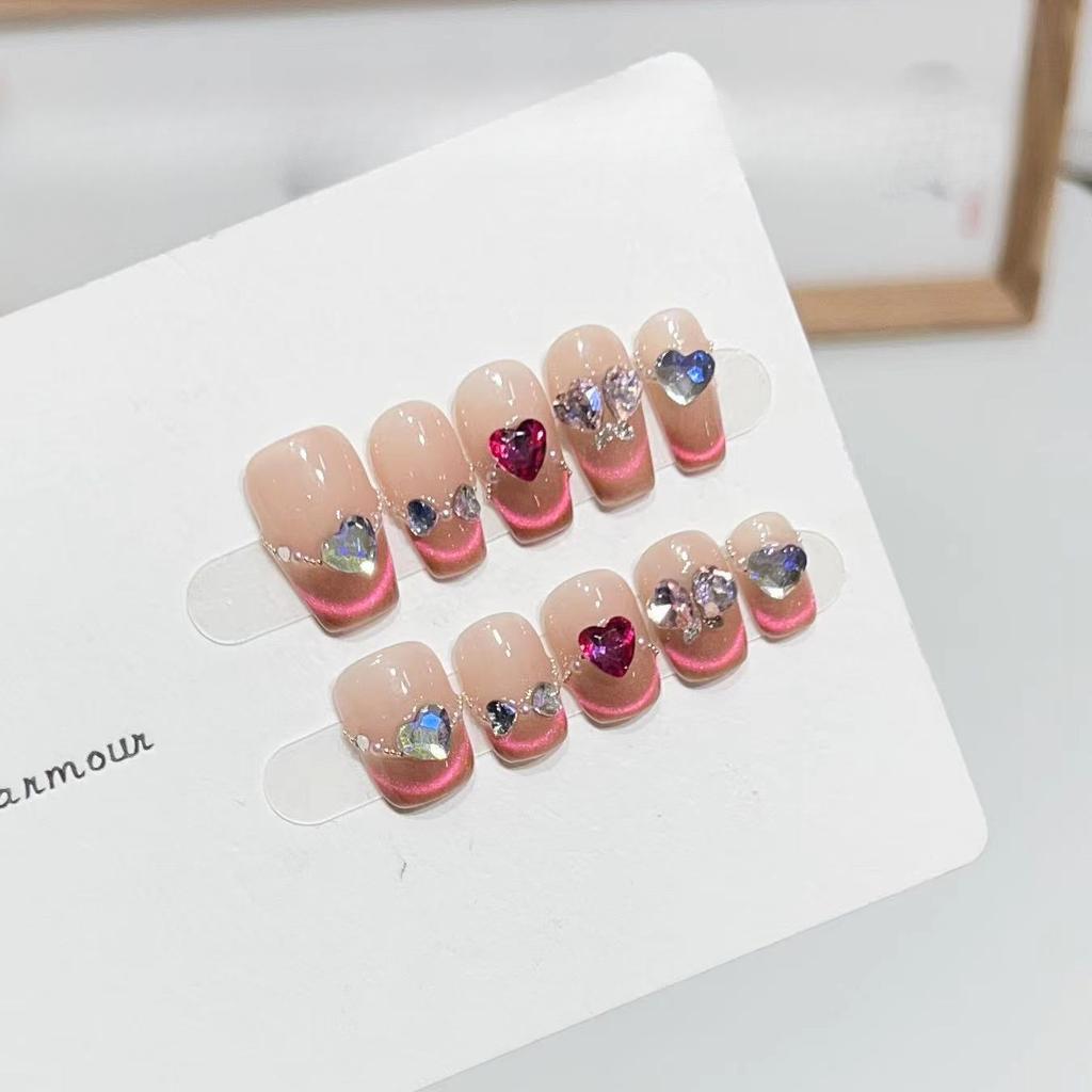 Rose's Story Manicure Wearing Armor Handmade Fake Nail Patch Ice-Transparent Cat Eye French Love Diamond