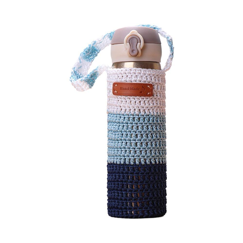 

New Handmade Water Bottle Cover Crochet Portable Vacuum Cup Pouch Hollow Bottle Carrier Fitness темно-синий