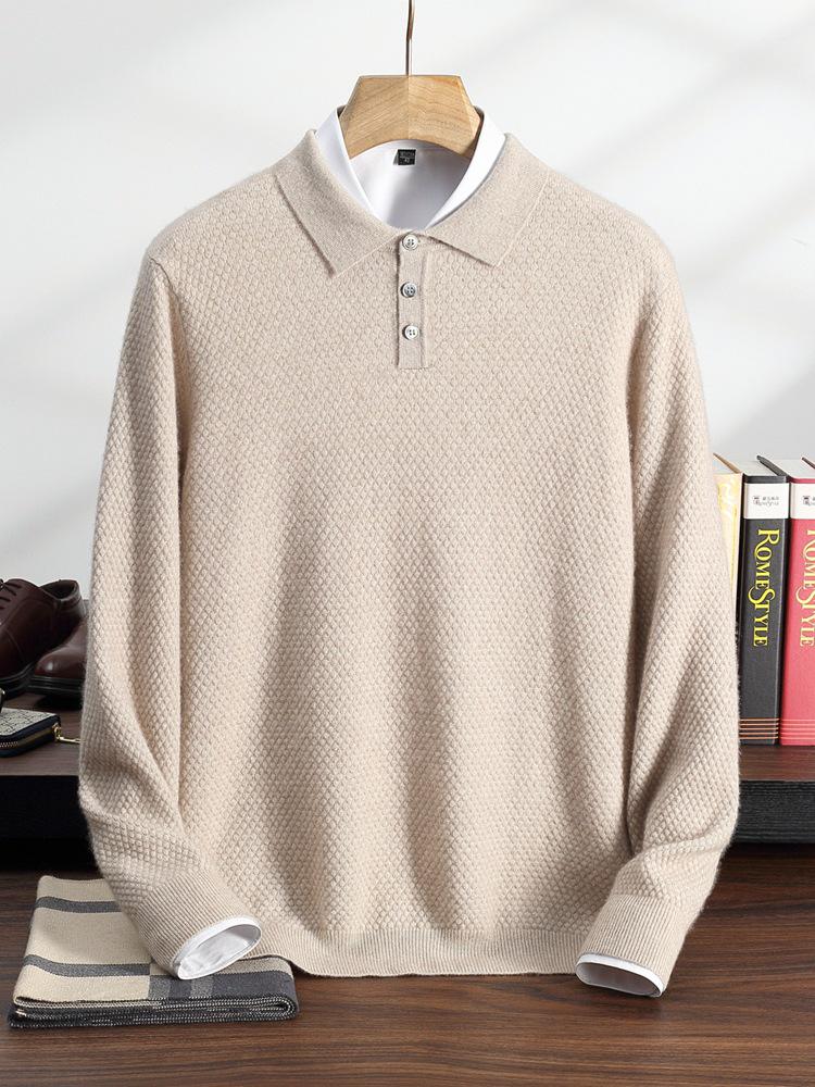 2025 Autumn/Winter Men's Solid Color Cashmere Polo Neck Knitwear, Soft & Fluffy Long Sleeve
