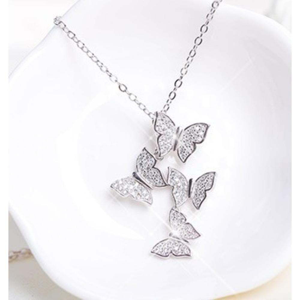 

18K Silver Necklace for Women Short Fashion Four Butterflies with Diamond Pendant Retro Style Jewelry