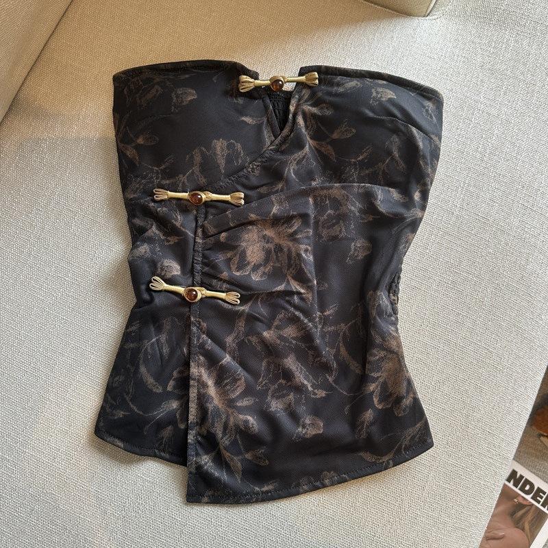 Spice Girl slim-fit tube top floral disc buckle unique retro fashion new Chinese design outer wear vest waist