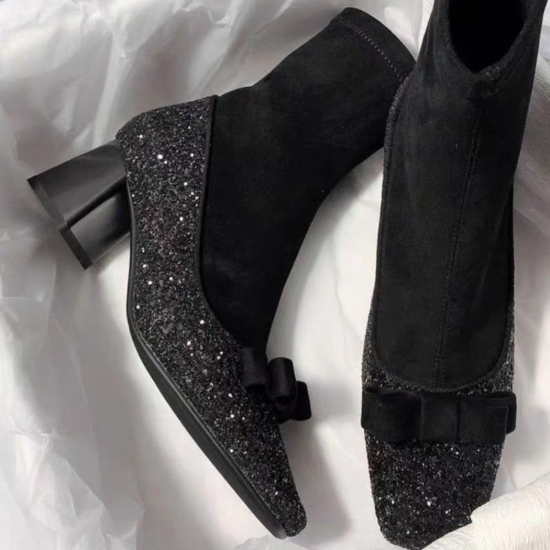 Блестящие ботильоны Женская мода Квадратный носок Бант Панельные Нескользящие Износостойкие Облегающие ботинки 40 5090₽