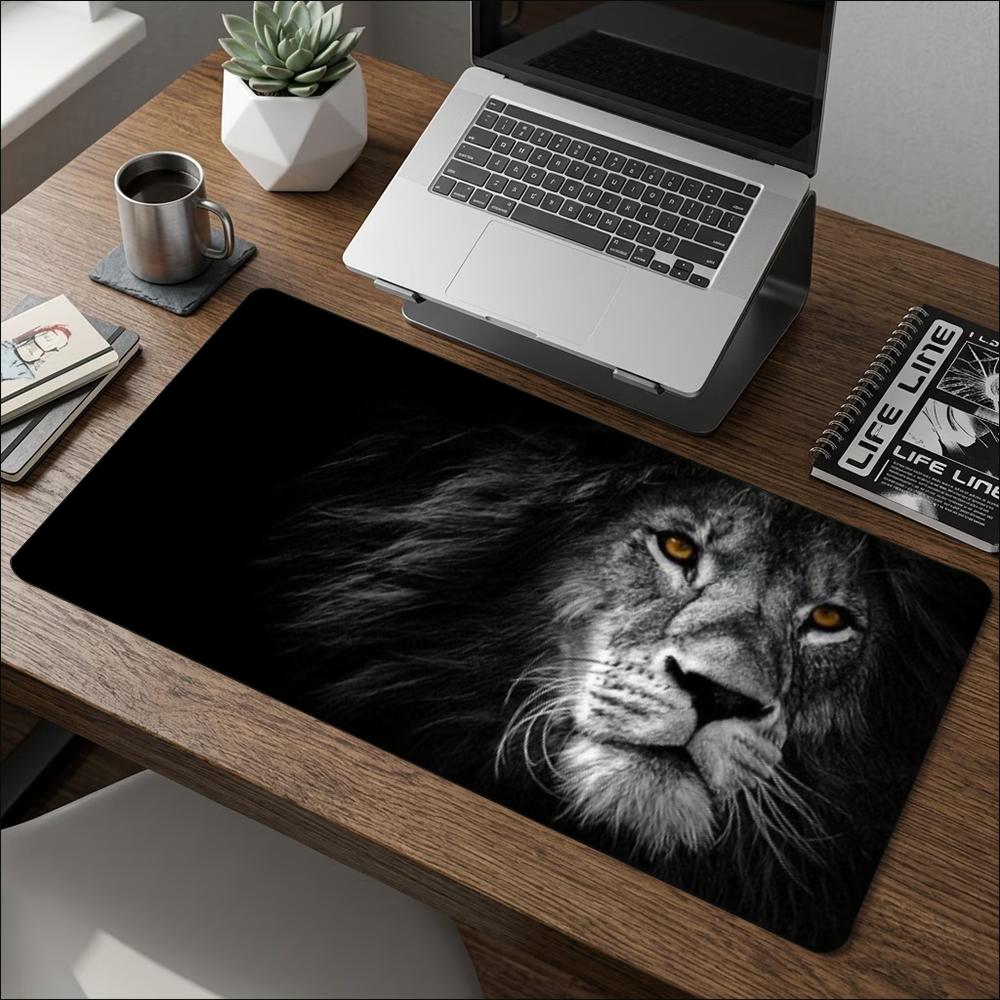 Desk Mat Majestic Black White Lion Beast Print Stitched Edge AntiSlip Rubber Mouse Pad For Gaming Working Home Laptop Computer