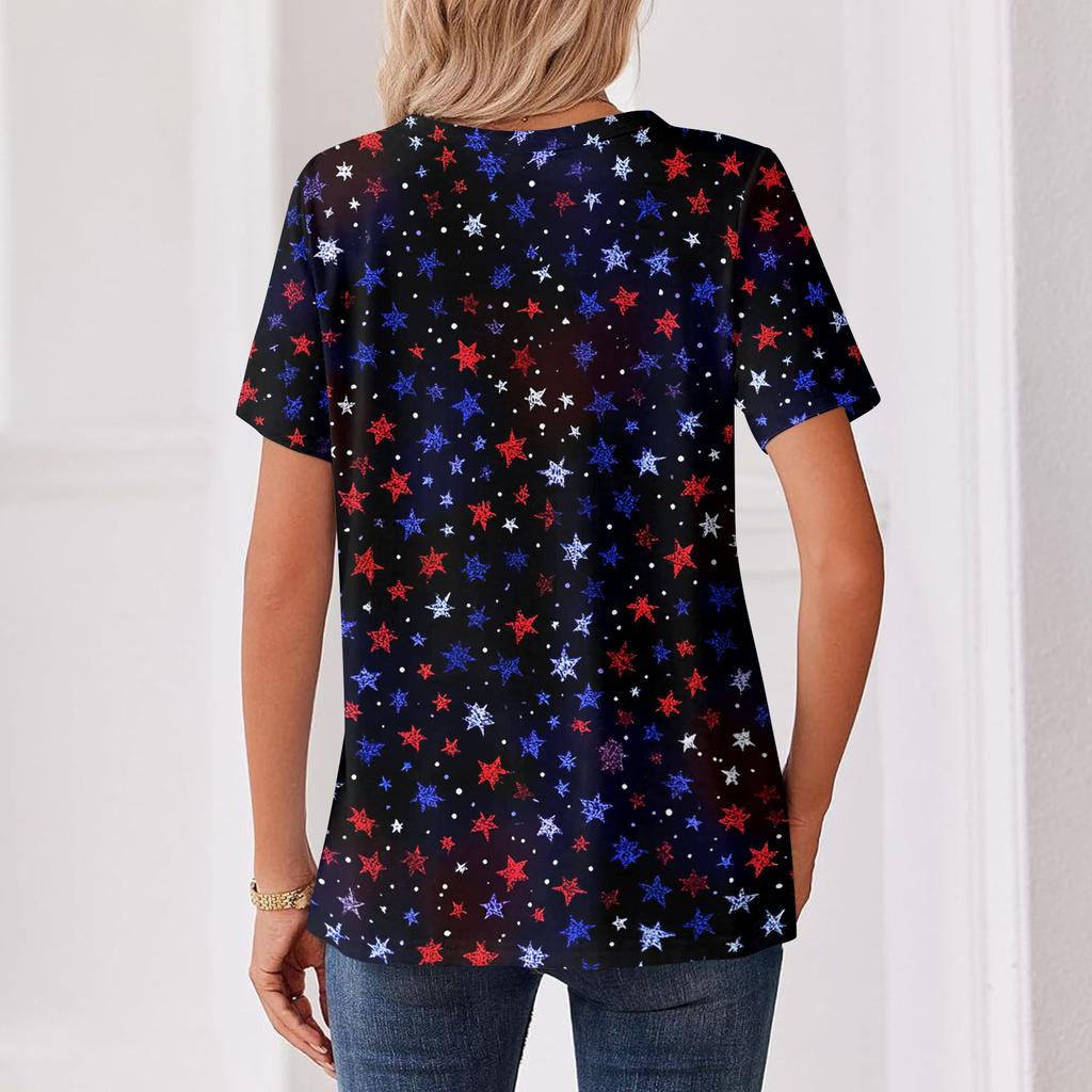 Women's T Shirt Independence Day Print Button Short Sleeve Daily Weekend Fashion Basic V- Neck Regular Top