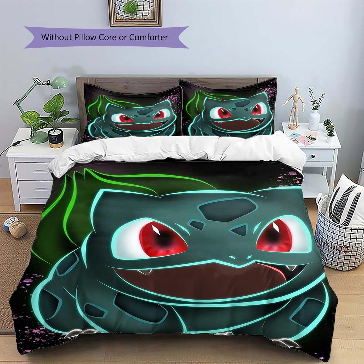 

Bulbasaur Patterned Pillowcase & Duvet Cover Set Decor Bedding for Bedroom Lifestyle Best Gift for Anime Lovers.-TING 135x200cm