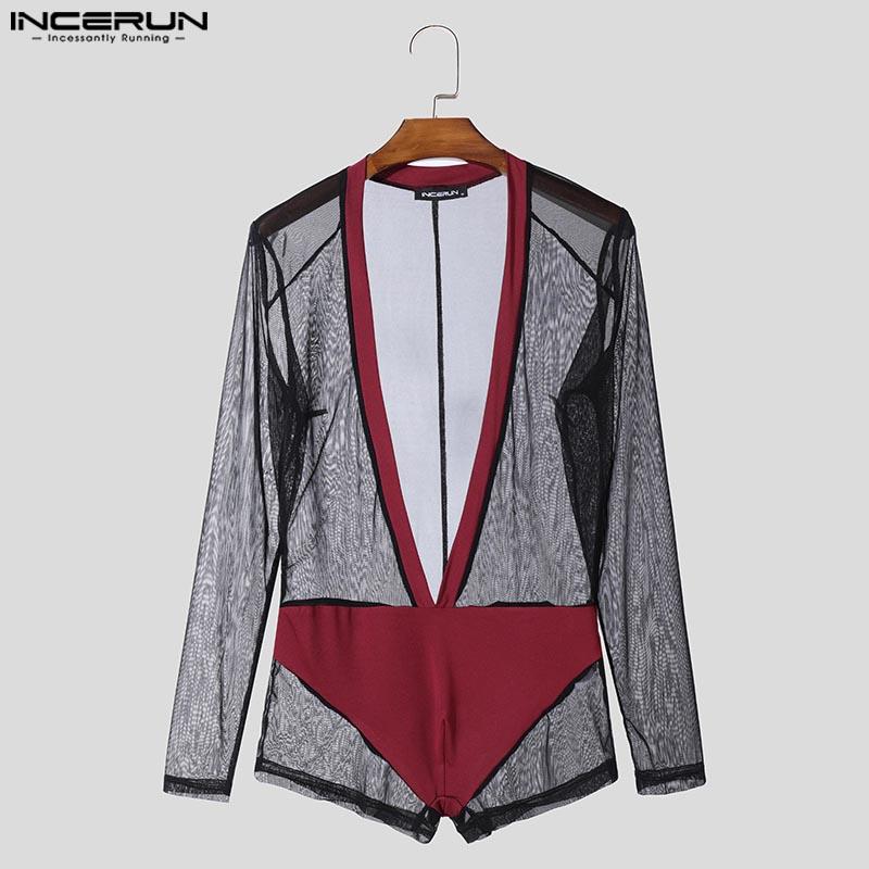 INCERUN Bărbați cu decolteu în V adânc din plasă mozaic transparent Salopete salopete