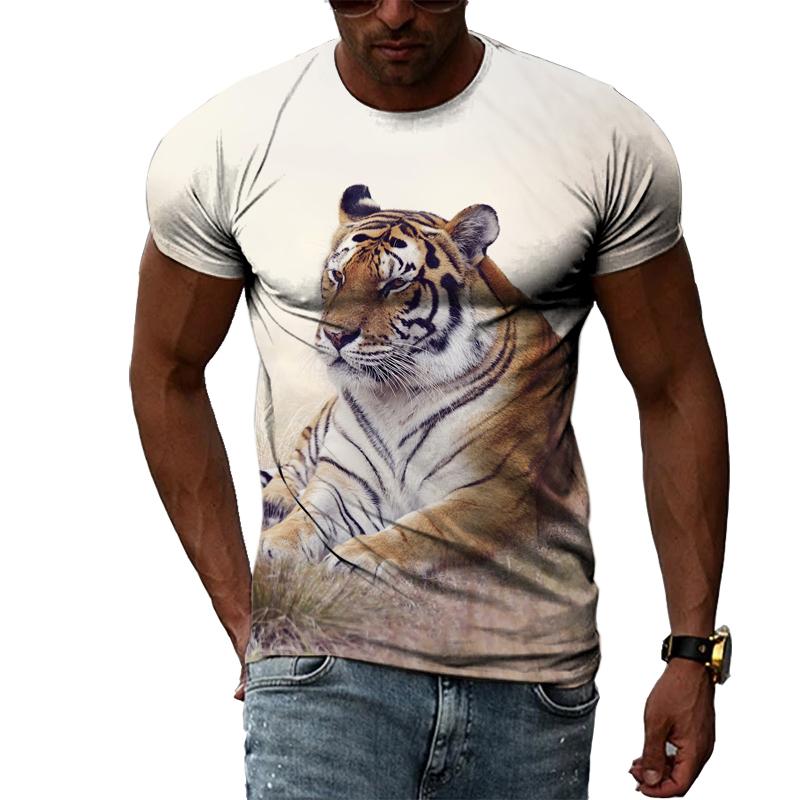 Fashion Handsome Animal Tiger Print Men T-shirt Summer Trend Casual Personality Hip Hop Street Style O-neck Short Sleeve T-shirt