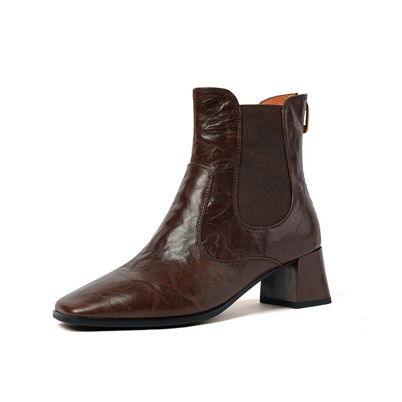 

Meotina/женские ботильоны из натуральной кожи с квадратным носком, шерстяные короткие ботинки «Челси» на толстом среднем каблуке и молнии, женская модная обувь, зима 40 34 коричневый