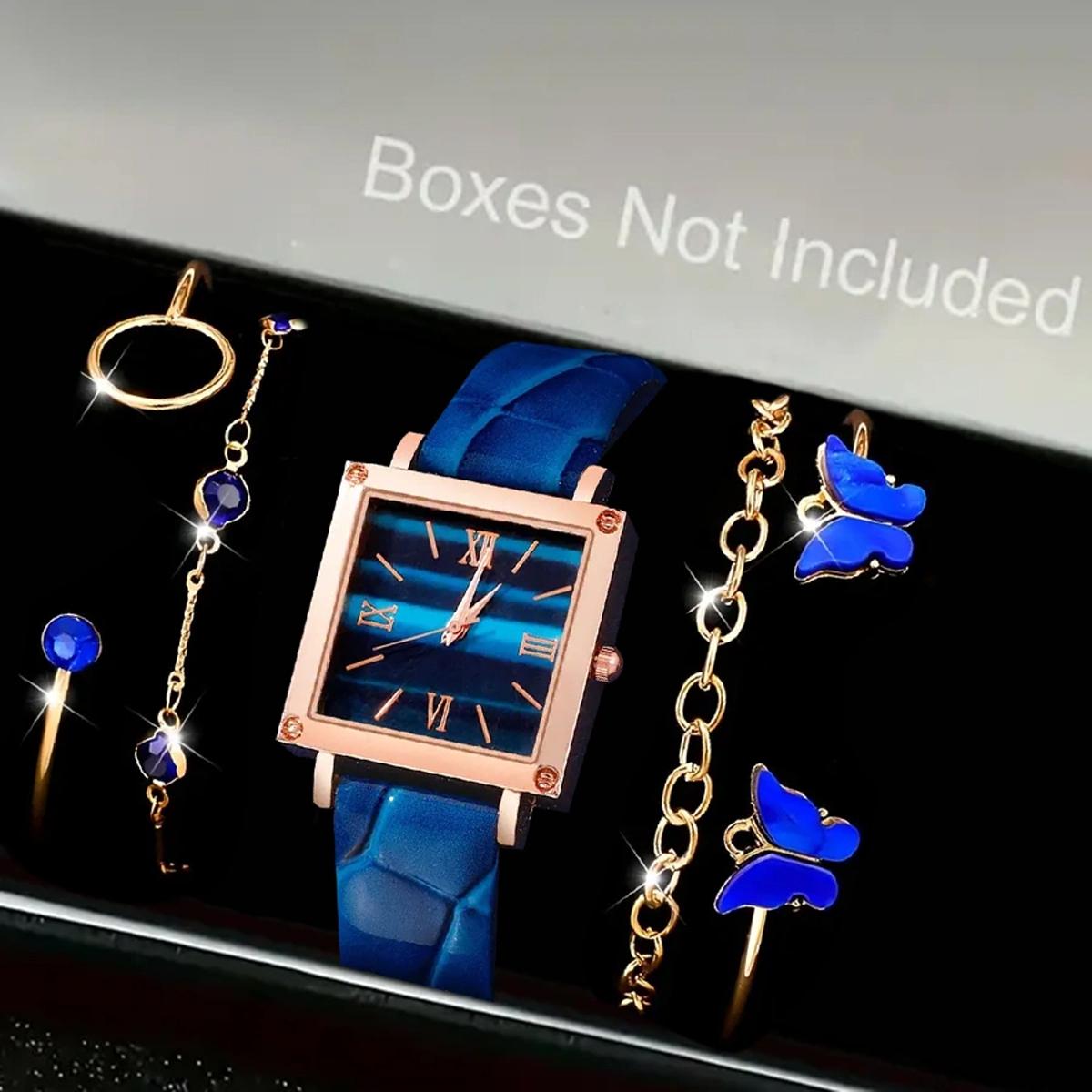 

5 шт./компл. Женские часы Модные квадратные кожаные ремешки Кварцевые часы Набор ювелирных изделий со стразами(Без коробки) синий