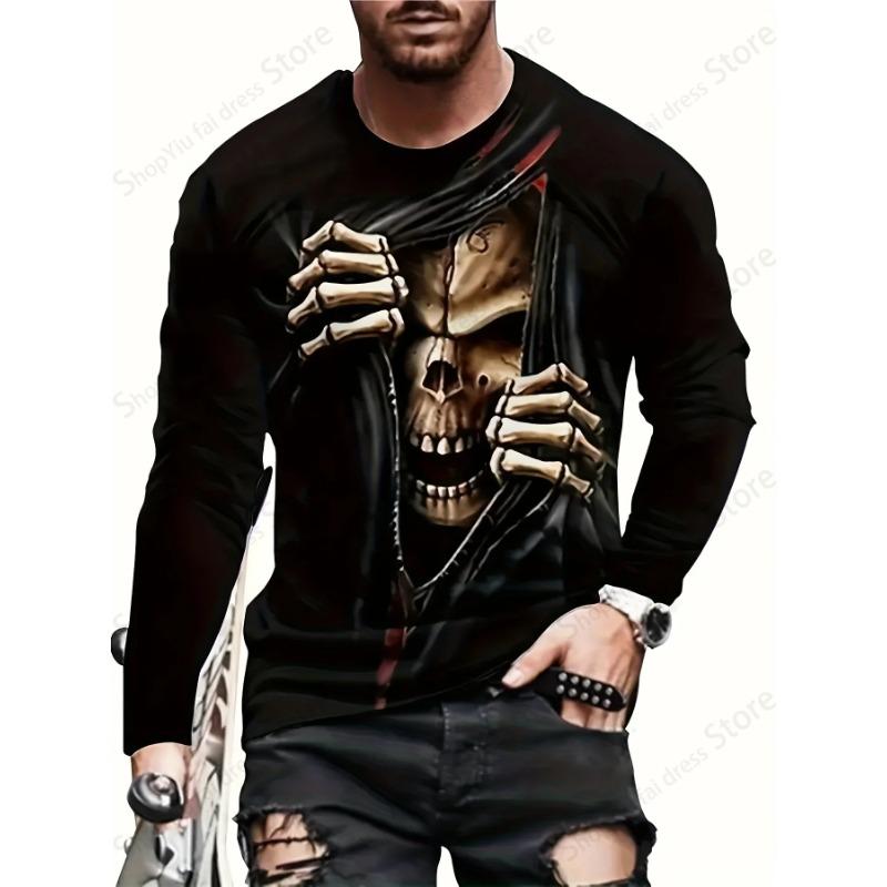 Halloween 3d Skull Skeleton Graphic Print  Long Sleeve T-shirts Fashion Hip Hop Tops Horror Men's T-shirts
