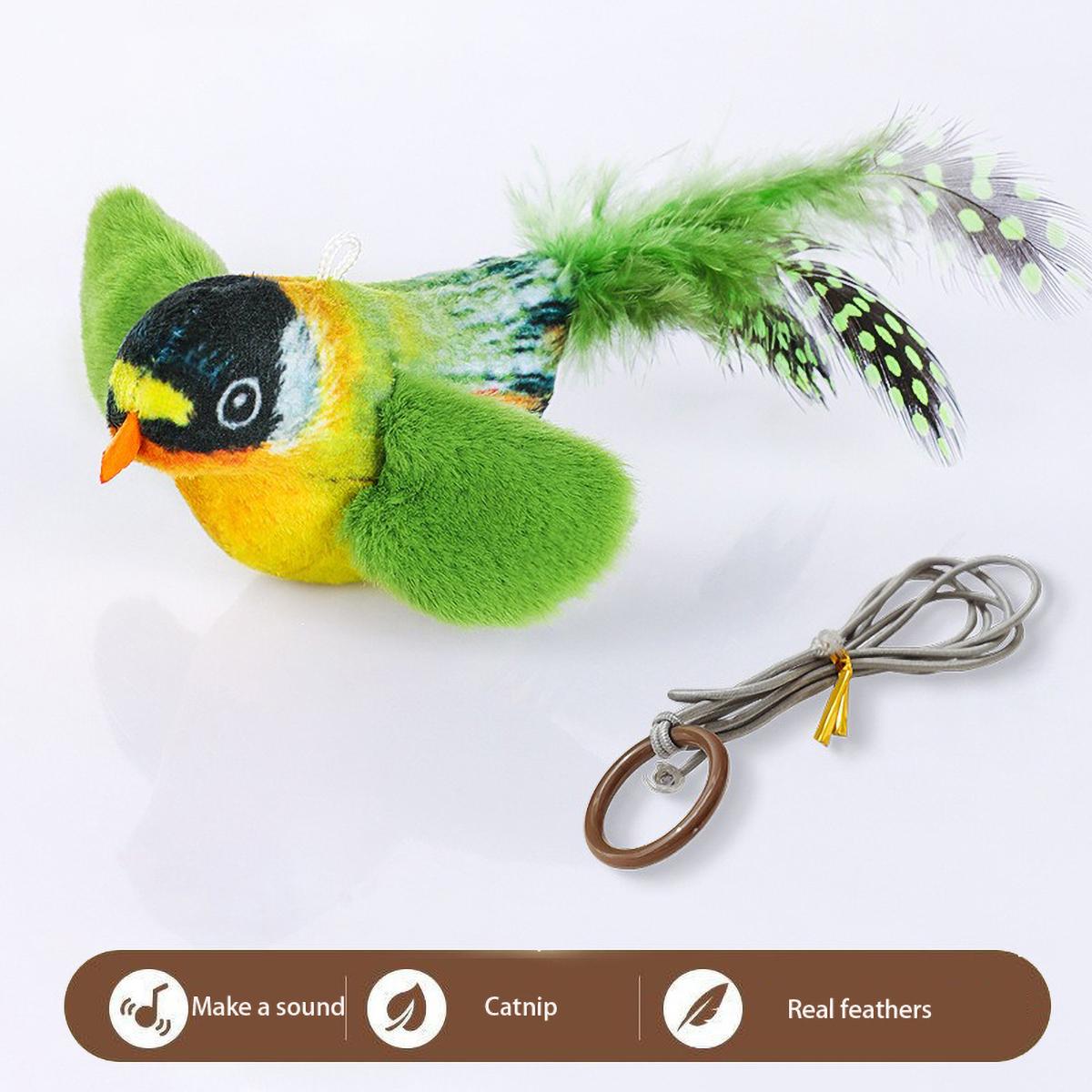 

Smart Cat Chirping Bird Toy - Auto Sound Activation Chew-Resistant Feathers & Catnip Attraction Dual Play Modes for Interactive зелёный