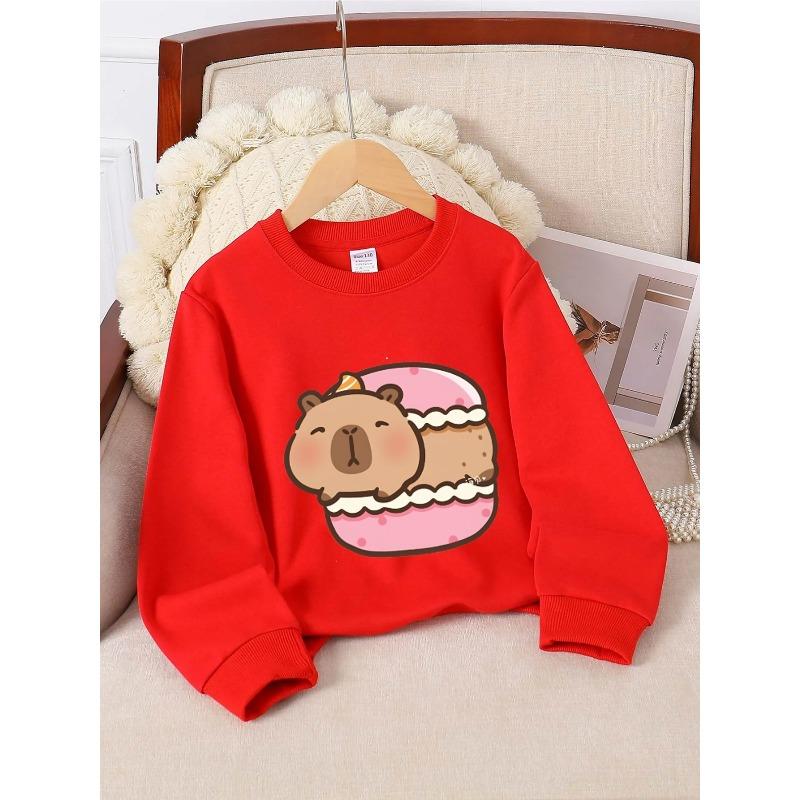 Crewneck Sweatshirt for Girls Featuring an Adorable Bear Cake Design, Suitable for Machine Washing