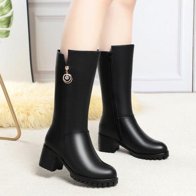 Herbst Winter Schwarzes Leder Fleecegefüttert Halbhohe Stiefel für Damen Elegant Absatz Mid Calf Schuhe Frau Goth Chic Schuhe Ausverkauf