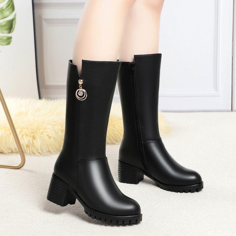 Fashion Autumn Winter Black Leather Fleece-Lined Half High Boots for Women Elegant Heeled Mid Calf Shoes Woman Goth Chic Footwear Sale