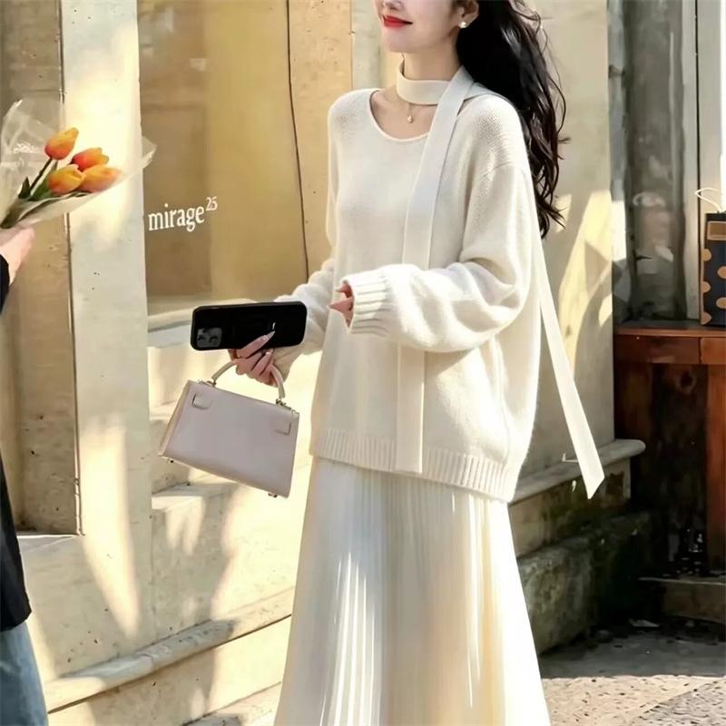 Korean lazy wind one-word shoulder crew neck with streamer sweater women's 1011 autumn and winter unique beautiful knitted sweater top