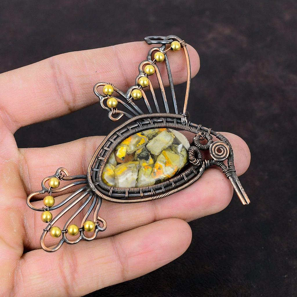 Copper Bumble Bee Jasper Pendant Copper Wire Wrapped Pendant Bird Jewelry Handmade Boho Pendant Copper Gemstone Jewelry Women's Special Gift