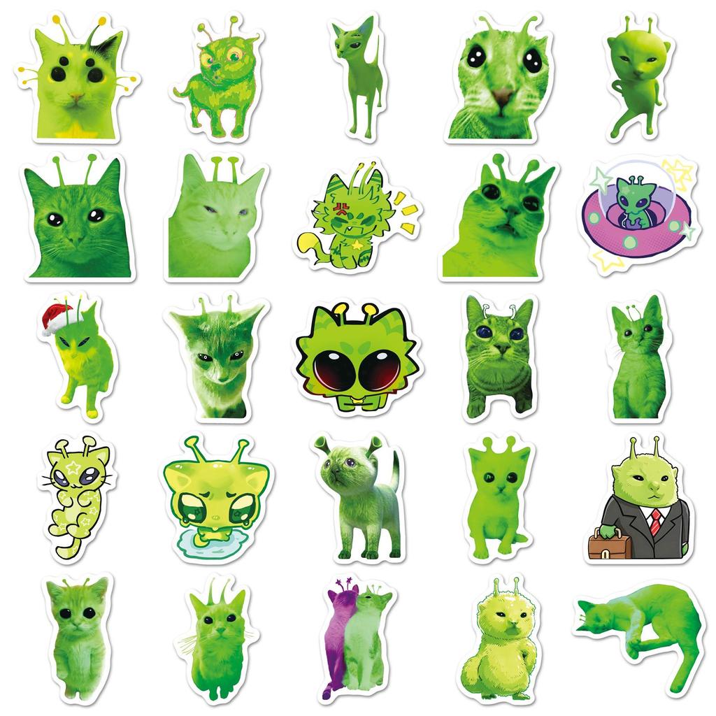 50 Abstract Alien Cat Stickers: Green Goofy Kitten Emoticons for Journals, Stationery, Suitcases - No-Cut Stickers