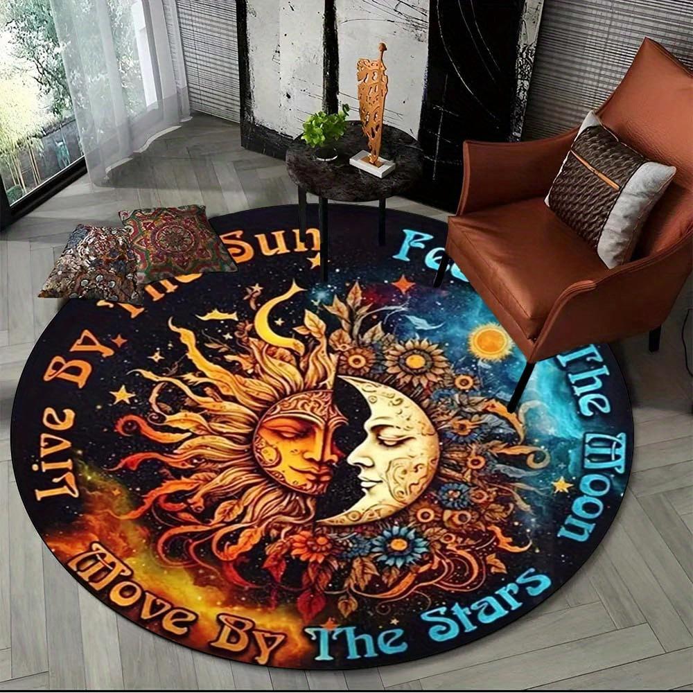 Sun & Moon Flannel Print Round Rug - Artistic Celestial Decor for Living Room & Bedroom, Soft Durable Carpet