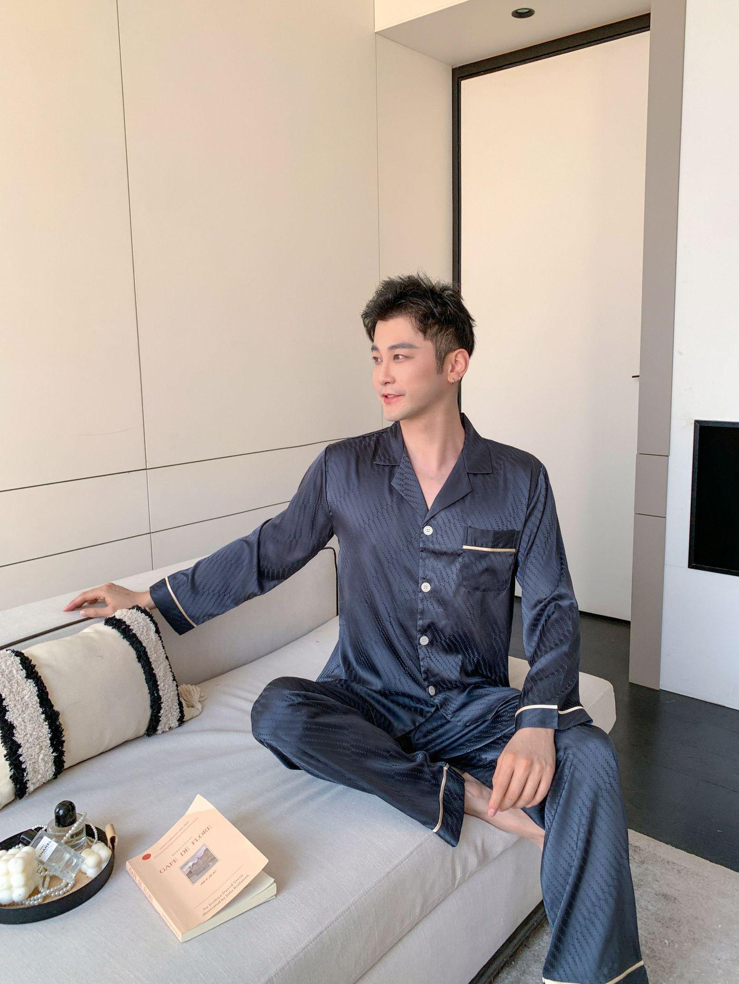 Men s Ice Silk Pajama Set: Spring/Autumn Lightweight Long Sleeve, Large Size XL